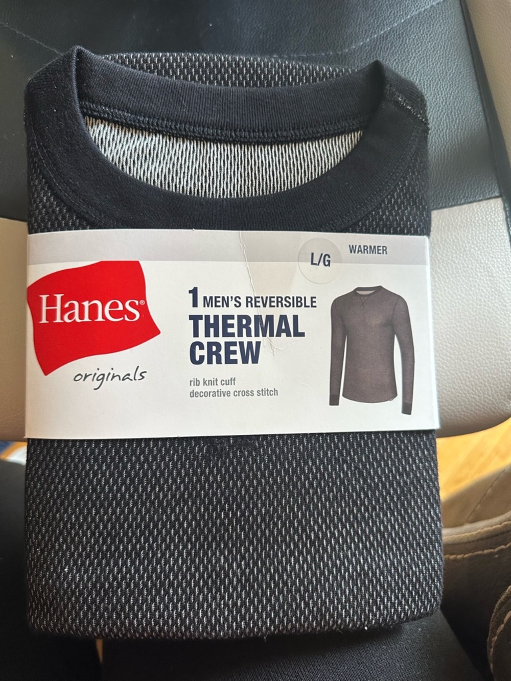 Hanes Originals Men's Reversible Thermal Crew Top Black L/G NWT